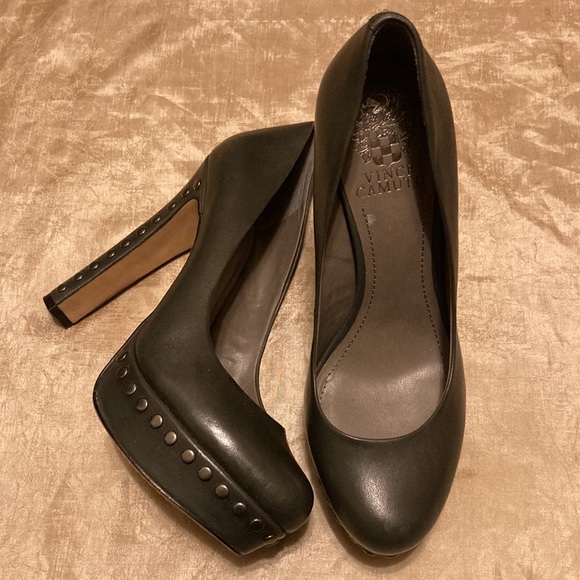 VINCE CAMUTO Womens Charcoal Grey Black Gray Elastic Cross Bands Padded Nigel Pointy Toe Stiletto Slip On Leather Dress Pumps Shoes M